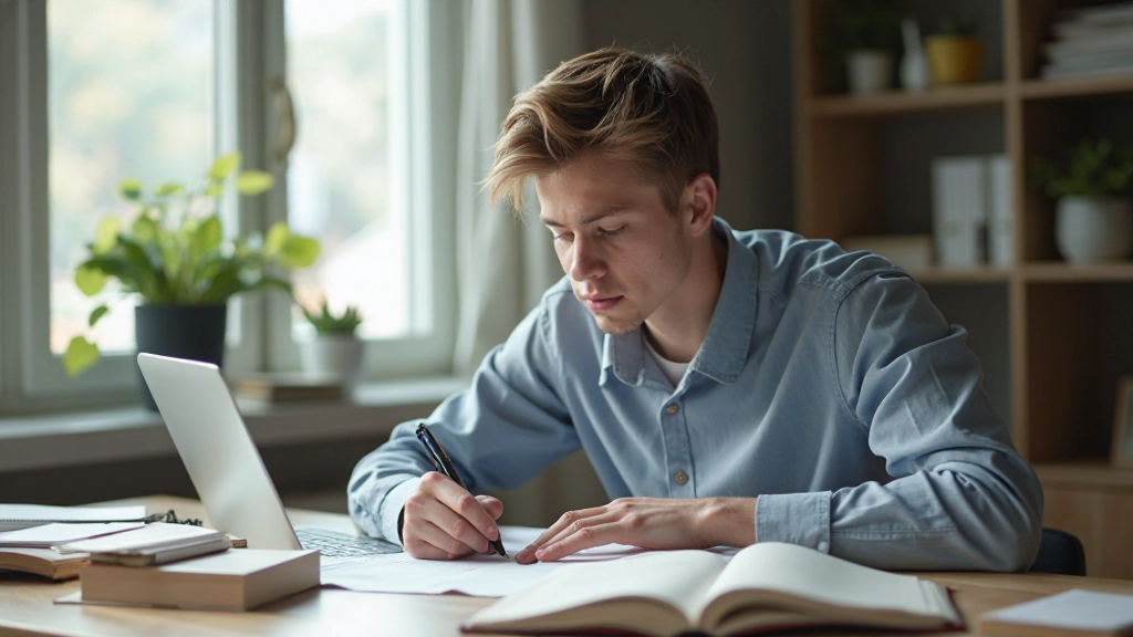 Студент с конспектами и учебными материалами на рабочем столе, сосредоточенно работающий над структурированием информации